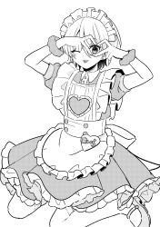 1boy absurdres apron crossdressing dress ensemble_stars! four-finger_heart_hands frilled_dress frills greyscale hair_between_eyes heart heart_hands heart_hands_over_eye highres maid maid_apron maid_headdress male_focus male_maid monochrome one_eye_closed shiratori_aira_(ensemble_stars!) shisokonbu short_hair short_sleeves simple_background sitting solo tongue tongue_out trap wariza white_apron white_background