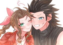 1boy 1girl 7_(milu577610) aerith_gainsborough black_hair black_sweater blue_eyes blush braid braided_ponytail brown_hair cheek-to-cheek chinese_commentary choker clenched_teeth closed_mouth commentary_request couple cross_scar drill_hair drill_sidelocks earrings facial_scar final_fantasy final_fantasy_vii final_fantasy_vii_remake green_eyes grin hair_ribbon hair_slicked_back heads_together heart heart_on_cheek highres jacket jewelry long_hair looking_at_viewer one_eye_closed parted_bangs pink_ribbon ponytail red_jacket ribbed_sweater ribbon scar scar_on_cheek scar_on_face sidelocks simple_background sleeveless sleeveless_turtleneck smile spiked_hair stud_earrings sweater teeth turtleneck turtleneck_sweater upper_body white_background zack_fair score:0 rating:general Rule 34 | 1boy, 1girl, 7 (milu577610), aerith gainsborough, black hair, black sweater, blue eyes, blush, braid, braided ponytail, brown hair, cheek-to-cheek, chinese commentary, choker, clenched teeth, closed mouth, commentary request, couple, cross scar, drill hair, drill sidelocks, earrings, facial scar, final fantasy, final fantasy vii, final fantasy vii remake, green eyes, grin, hair ribbon, hair slicked back, heads together, heart, heart on cheek, highres, jacket, jewelry, long hair, looking at viewer, one eye closed, parted bangs, pink ribbon, ponytail, red jacket, ribbed sweater, ribbon, scar, scar on cheek, scar on face, sidelocks, simple background, sleeveless, sleeveless turtleneck, smile, spiked hair, stud earrings, sweater, teeth, turtleneck, turtleneck sweater, upper body, white background, zack fair