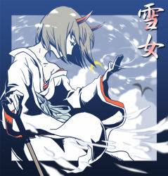 1girl bad_id bad_pixiv_id bob_cut brown_hair female_focus hagiwara_yukiho horns idolmaster idolmaster_(classic) japanese_clothes juu_(juuzi) kimono looking_away off_shoulder short_hair shovel snow solo spade wind yuki_onna