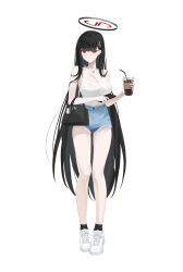 Rule 34 | 1girl, absurdres, alternate costume, bag, black hair, black halo, black socks, blue archive, blue shorts, blush, bra strap, breasts, bright pupils, camisole, cleavage, closed mouth, commentary, cup, denim, denim shorts, disposable cup, full body, hair ornament, hairpin, halo, handbag, highres, holding, holding cup, holding phone, hwa n01, large breasts, long hair, looking at viewer, phone, red eyes, rio (blue archive), shoes, shorts, simple background, socks, solo, spaghetti strap, standing, thighs, very long hair, white background, white camisole, white pupils, white shoes