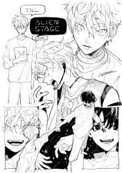 2boys absurdres alien_stage character_name choker commentary_request copyright_name greyscale headset highres holding holding_hands holding_paper ivan_(alien_stage) kome_uo male_focus microphone monochrome multiple_boys open_mouth paper shirt short_hair smile speech_bubble sweat till_(alien_stage) very_short_hair