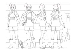 1girl back boots brown_hair concept_art grey_eyes hands_on_own_hips japanese_clothes kara_(star_wars) kimono long_sleeves monochrome official_art ponytail production_i.g production_ig shoes short_hair short_pants side_ponytail sideways sketch smile socks star_wars star_wars:_visions tied white_background