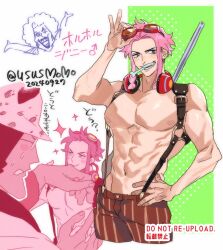 1boy 2024 3boys abs arms_up artist_name bartholomew_kuma biceps blush blush_stickers bone border brown_pants contrapposto cowboy_shot cropped_legs dated emporio_ivankov english_text food_in_mouth freckles genderswap genderswap_(ftm) ginny_(one_piece) glasses goggles goggles_on_head green_background hand_on_own_hip headphones headphones_around_neck highres holding holding_goggles leather_strap looking_to_the_side male_focus mars_symbol multiple_boys multiple_views nipples one_piece pants pectorals pink_hair polka_dot polka_dot_background red_goggles red_pants short_hair size_difference smile solo_focus striped_clothes striped_pants tareme toned toned_male topless_male translation_request ususmomo white_border