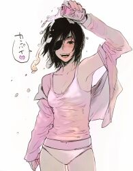 Rule 34 | alcohol, arm up, armpits, beer, blush, can, chainsaw man, drink, eyepatch, heart, highres, himeno (chainsaw man), holding, holding can, holding drink, jacket, jacket on shoulders, looking at viewer, navel, open clothes, open jacket, open mouth, panties, pink jacket, pink panties, pink tank top, pink theme, short hair, smile, speech bubble, spilling, spoken heart, tank top, underwear, waving, yokoyari mengo