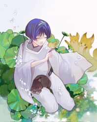 1boy animal animal_on_shoulder animalization bird bird_on_shoulder black_sash blunt_ends choppy_bangs closed_eyes closed_mouth clothing_cutout facing_viewer fox from_above genshin_impact grey_kimono grey_sleeves hair_intakes highres japanese_clothes kariginu kimono leaf long_sleeves male_focus pants person_and_animalization plant purple_hair ripples sash scaramouche&#039;s_sickly_friend_(genshin_impact) scaramouche_(cat)_(genshin_impact) scaramouche_(genshin_impact) scaramouche_(kabukimono)_(genshin_impact) shoulder_cutout sitting white_background white_pants white_sleeves wide_sleeves yourlocalwalnut