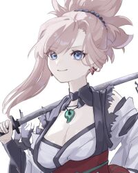 1girl artist_name blue_eyes breasts cleavage closed_mouth earrings fate/samurai_remnant fate_(series) holding holding_sword holding_weapon japanese_clothes jewelry katana kimono looking_at_viewer magatama medium_breasts miyamoto_musashi_(fate) miyamoto_musashi_(woman_of_niten_ichiryuu)_(fate) obi official_alternate_costume pink_hair sash simple_background smile solo suwa_(swk_kkk) sword weapon white_background white_kimono
