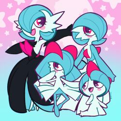 alternate_color artist_name black_dress black_gloves blue_hair bob_cut bowl_cut dress elbow_gloves evolutionary_line gardevoir gen_3_pokemon gloves hair_over_one_eye highres horns kirlia mega_gardevoir mega_pokemon nintendo pink_eyes pokemon pokemon_(creature) ralts shiny_pokemon sidelocks smile star_(symbol) star_symbol_background strapless strapless_dress tonestarr white_dress