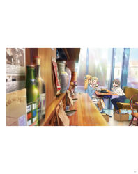 3girls arashi_chisato artbook blonde_hair blue_eyes bottle bow bowl box brown_hair cafe chair closed_eyes cup food hairband heanna_sumire highres holding indoors long_hair love_live! love_live!_superstar!! multiple_girls non-web_source official_art onitsuka_natsumi open_mouth plate restaurant shirt short_hair sitting skirt smile table window