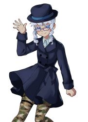 Rule 34 | 1girl, belt, black coat, black hat, blue-framed eyewear, blue eyes, breasts, camouflage, camouflage legwear, coat, glasses, hat, hexagram, highres, israel (kuroussa), kuroussa, looking at viewer, original, personification, shirt, sidelocks, simple background, solo, star-shaped pupils, star (symbol), star of david, symbol-shaped pupils, thigh belt, thigh strap, waving, white background, white hair, white shirt