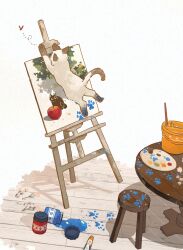 absurdres art_brush bucket bug canvas_(object) cat commentary_request easel highres oimo_imoo original paint paint_tube paintbrush paint_palette stool table white_background wooden_floor wooden_stool wooden_table