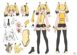 1girl absurdres alternate_costume animal_ears ass bare_shoulders bird black_hair black_shorts black_thighhighs blonde_hair boots breasts bright_pupils character_tattoo colored_tips cosplay crim_(crim7x) facial_mark food from_behind galarian_farfetch&#039;d galarian_form gen_1_pokemon gen_8_pokemon hatsune_miku headset highres holding holding_food holding_spring_onion holding_vegetable leotard lightning_bolt_symbol mark_under_both_eyes multicolored_hair multiple_views necktie nintendo pikachu pikachu_(cosplay) pikachu_ears pikachu_tail pokemon pokemon_(creature) pokemon_tail reference_sheet short_shorts shorts shoulder_tattoo small_breasts smile spring_onion tail tattoo thigh_boots thighhighs turnaround twintails two-tone_hair vegetable vocaloid whisker_markings white_background white_pupils yellow_eyes yellow_leotard yellow_necktie