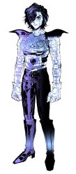 Rule 34 | 1boy, absurdres, android, bandage player, black hair, cable, full body, hair over one eye, highres, male focus, mechabare, mettaton, mettaton ex, monochrome, see-through body, short hair, simple background, smile, solo, standing, swept bangs, undertale, white background