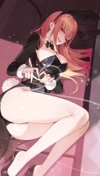 1girl absurdres animal_ears ass black_leotard blonde_hair blush breasts couch fingernails goomrrat gradient_hair highres kitagawa_marin large_breasts legs leotard long_hair long_sleeves lying multicolored_hair nail_polish on_side open_mouth pink_eyes pink_hair pink_nails playboy_bunny rabbit_ears rabbit_tail smile solo sono_bisque_doll_wa_koi_wo_suru tail thighs