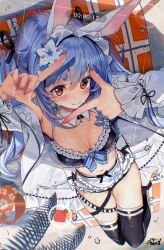 Rule 34 | 1girl, absurdres, animal ears, apron, bikini, black bikini, black thighhighs, blue hair, breasts, cleavage, closed mouth, day, detached collar, finger frame, fingernails, frilled apron, frilled bikini, frills, from above, front-tie bikini top, front-tie top, haruhina purple, highres, hololive, holonatsu paradise, jacket, long fingernails, long hair, looking at viewer, lying, maid, maid bikini, maid headdress, multicolored hair, navel, official alternate costume, official alternate hairstyle, on back, open clothes, open jacket, orange eyes, outdoors, rabbit ears, rabbit girl, recording, short eyebrows, small breasts, smile, solo, stomach, swept bangs, swimsuit, thick eyebrows, thigh strap, thighhighs, twintails, two-tone hair, unconventional maid, usada pekora, usada pekora (holonatsu paradise), viewfinder, virtual youtuber, waist apron, white apron, white hair, white jacket