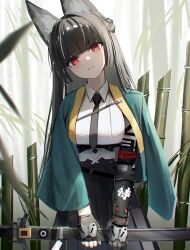 1girl absurdres animal_ears bamboo bamboo_forest black_gloves black_hair black_necktie black_skirt blunt_bangs commentary_request forest fox_ears fox_girl gloves highres holding holding_sword holding_weapon hoshimi_miyabi jacket katana long_hair looking_at_viewer nature necktie red_eyes sheath sheathed sidelocks skirt solo sword thomas_8000 weapon zenless_zone_zero