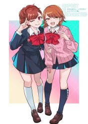2girls black_jacket black_skirt black_socks blush border bow bowtie brown_eyes brown_hair brown_shoes cardigan choker collared_shirt commentary digital_media_player earphones_removed earrings flipped_hair full_body gekkoukan_high_school_uniform hand_on_another&#039;s_arm heart heart_choker highres holding_another&#039;s_arm jacket jewelry long_sleeves looking_at_viewer loose_bowtie miniskirt multiple_girls one_eye_closed open_mouth outside_border parted_lips persona persona_3 persona_3_portable pink_cardigan pleated_skirt ponk0ktnk red_bow red_bowtie red_eyes ribbed_cardigan school_uniform shiomi_kotone shirt shoes short_hair skirt smile socks standing stud_earrings takeba_yukari v white_border white_choker white_shirt white_socks