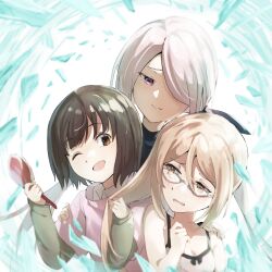 bare_shoulders black_hair blonde_hair blush breasts brown_eyes brown_hair brushing_another&#039;s_hair brushing_hair camisole chaos;child chemise dot_nose eyebrows_hidden_by_hair flat_chest glass glass_shards green_shirt hair_brush hair_over_one_eye highres holding holding_another&#039;s_hair holding_brush holding_hair_brush long_sleeves minamisawa_senri one_eye_closed open_mouth pink_chemise pink_eyes pink_hair pink_lips pink_sweater shiny_lips shirt shirt_under_sweater sink_yoshiaki small_breasts smile stray_hair sweater tachibana_yui tongue white_background yamazoe_uki