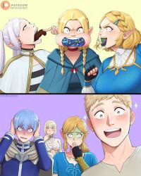 3boys 4girls absurdres bad_food black_gloves blonde_hair blue_capelet blue_eyes blue_gemstone blue_hair blue_tunic blush bone braid capelet censored clenched_hand commentary covering_own_mouth crown_braid disgust dismaiden dungeon_meshi eating elf english_commentary falin_touden falin_touden_(chimera) fingerless_gloves food frieren gem gloves green_eyes green_gemstone grey_cloak grey_hair highres himmel_(sousou_no_frieren) link long_hair marcille_donato meat mosaic_censoring multiple_boys multiple_girls nausea nintendo open_mouth patreon_logo phallic_symbol pointy_ears princess_zelda shaded_face short_hair sousou_no_frieren steak sweat the_legend_of_zelda the_legend_of_zelda:_breath_of_the_wild tunic twin_braids twintails very_short_hair white_capelet