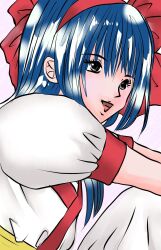 Rule 34 | 1girl, ainu clothes, black eyes, blue hair, breasts, hair ribbon, highres, legs, nakoruru, open mouth, pants, ribbon, samurai spirits, small breasts, smile, snk, solo, the king of fighters, thighs