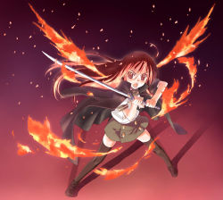 00s 1girl alastor_(shakugan_no_shana) female_focus fiery_wings fire jewelry katana long_hair nyaou pendant red_eyes red_hair school_uniform serafuku shakugan_no_shana shana solo sword thighhighs weapon wings zettai_ryouiki