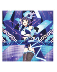 1girl artbook asaka_karin belt black_hair black_thighhighs blue_eyes blue_shorts breasts bridal_gauntlets crop_top earrings garter_straps hat hat_feather highres jewelry looking_at_viewer love_live! love_live!_nijigasaki_high_school_idol_club medium_hair midriff mini_hat mole multiple_moles navel non-web_source official_art open_mouth purple_hair short_shorts shorts smile solo thighhighs top_hat vivid_world_(love_live!)