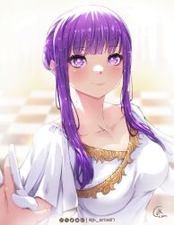 1girl artist_name blunt_bangs breasts checkered_floor closed_mouth collarbone commentary dress fern_(sousou_no_frieren) gloves holding_hands instagram_logo jk_arts large_breasts long_hair looking_at_viewer pov pov_hands purple_eyes purple_hair signature smile solo_focus sousou_no_frieren tiktok_logo twitch_logo twitter_username twitter_x_logo upper_body watermark white_dress white_gloves