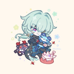 1boy ;3 ^_^ anaxa_(honkai:_star_rail) animal animal_hug aqua_hair artist_name black_capelet black_pants black_tail blue_eyes blush_stickers capelet chibi chibi_only chimera_(honkai:_star_rail) closed_eyes closed_mouth commentary_request creature curled_horns eyepatch floral_background full_body hair_intakes hand_tattoo happy happy_aura highres holding holding_creature honkai:_star_rail honkai_(series) horns kmpukka long_hair looking_at_another low_side_ponytail male_focus multicolored_eyes one_eye_closed one_eye_covered pants pink_tail purple_eyes red_eyes red_horns red_tattoo ring_hair_ornament simple_background smile solo standing standing_on_one_leg tattoo two-tone_eyes yellow_background