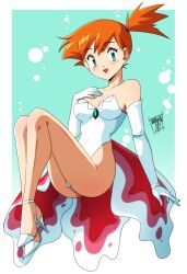 1girl asymmetrical_hair bare_shoulders blush breasts cosplay cowboy_shot danmakuman dress elbow_gloves female_focus gen_1_pokemon gloves goldeen goldeen_(cosplay) green_eyes hair_tie highres legs looking_at_viewer medium_breasts misty_(pokemon) navel nintendo open_mouth orange_hair pokemon pokemon_(anime) pokemon_(classic_anime) pokemon_ep043 ponytail pussy shirt short_hair shorts side_ponytail simple_background sitting solo thighs