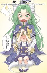 ! 2girls absurdres aged_down black_hat blonde_hair child commentary_request flower gradient_background green_eyes green_hair hat highres holding holding_flower kirisame_marisa long_hair looking_at_another looking_down mima_(touhou) multiple_girls open_mouth red_flower spoken_exclamation_mark touhou translation_request witch_hat yellow_background yellow_eyes youyume-kun