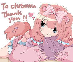 1girl animal_ear_fluff animal_ears blush bow character_name chromu commission english_text hair_bow heart highres indie_virtual_youtuber lying pink_hair sleeves_past_wrists smile solo tail tail_bow tail_ornament virtual_youtuber