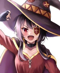 1girl belt_collar black_cape black_choker black_gloves black_hair black_hat breasts cape choker collar cropped_torso dress eyepatch fingerless_gloves gloves hand_up hat hat_tip highres kono_subarashii_sekai_ni_shukufuku_wo! looking_at_viewer megumin open_mouth red_dress red_eyes short_hair_with_long_locks simple_background small_breasts solo tilted_headwear tsunkyunn v-shaped_eyebrows white_background witch_hat