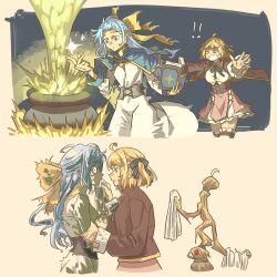 Rule 34 | &gt; &lt;, 2girls, ahoge, anisphia wynn palettia, anjuro zeeku, aqua eyes, black ribbon, blonde hair, blue capelet, blue hair, book, broom, brown jacket, capelet, cauldron, closed mouth, commentary, dress, euphyllia magenta, explosion, hair ribbon, highres, holding, holding another&#039;s arm, holding book, jacket, long hair, multiple girls, open mouth, parted lips, pink skirt, purple eyes, ribbon, skirt, sweatdrop, tensei oujo to tensai reijou no mahou kakumei, white dress, wiping face, yellow ribbon