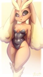 1girl animal_nose arms_behind_back artist_name azuretto bare_shoulders black_leotard black_sclera body_fur border breasts brown_fur collarbone colored_sclera covered_navel female_focus furry furry_female gen_4_pokemon gradient_background groin legs legs_together leotard long_ears looking_down lopunny nintendo open_mouth outside_border pink_eyes playboy_bunny pokemon pokemon_(creature) rabbit_ears rabbit_girl signature simple_background small_breasts solo standing strapless strapless_leotard thick_thighs thighs twitter_x_logo two-tone_fur white_border wide_hips yellow_background yellow_fur
