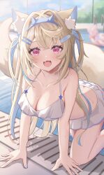 1girl absurdres alternate_costume animal_ear_fluff animal_ears bandaid bandaid_hair_ornament bikini blonde_hair blue_hair blue_nails blurry blurry_background blush breasts cleavage collarbone commentary_request dog_ears dog_girl dog_tail fang fingernails frilled_bikini frills fuwawa_abyssgard hair_intakes hair_ornament hairband hairclip hands_on_ground hanging_breasts highres hololive hololive_english large_breasts leaning_forward leg_up long_hair looking_at_viewer multicolored_hair nail_polish open_mouth parallel_hairclips pink_eyes pool poolside sasamin skin_fang smile solo spiked_hairband spikes streaked_hair swimsuit tail two_side_up virtual_youtuber wet white_bikini