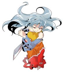 Rule 34 | 1girl, alphes (style), bare shoulders, barefoot, breasts, cleaver, commentary request, dairi, detached sleeves, diamond (shape), diamond cutout, dress, floating hair, frilled dress, frills, full body, grey hair, hair between eyes, holding, large variant set, long hair, long sleeves, medium breasts, multicolored dress, orange dress, parody, red dress, red ribbon, ribbon, sakata nemuno, shaded face, single strap, solo, style parody, tachi-e, touhou, transparent background, tsurime, variant set, wide sleeves, yellow dress
