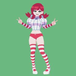 1girl 3d animated animated_gif bouncing_breasts braid breasts female_focus freckles full_body green_eyes medium_breasts navel no_pants panties red_hair red_panties smile solo striped_clothes striped_thighhighs thighhighs thighs twin_braids underwear wendy&#039;s wendy_(wendy&#039;s)