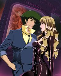 Rule 34 | blonde hair, blue eyes, brown eyes, catsuit, couple, cowboy bebop, curly hair, curvy, green hair, highres, julia (cowboy bebop), lucyguusi, mars (planet), spike spiegel