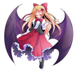 1girl alphes_(style) bat_wings black_shoes black_vest blonde_hair blush bow bowtie closed_eyes closed_mouth collared_shirt commentary_request dairi ear_blush elis_(touhou) facial_mark flower frilled_skirt frills full_body hair_bow hair_flower hair_ornament holding holding_wand large_variant_set left-handed loafers long_hair long_skirt long_sleeves mark_under_eye open_clothes open_vest parody pointy_ears puffy_long_sleeves puffy_sleeves red_bow red_bowtie red_skirt shirt shoes simple_background skirt smile socks solo star_(symbol) style_parody sweatdrop tachi-e touhou touhou_(pc-98) transparent_background variant_set vest wand white_shirt white_socks wings