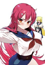 3girls absurdres arataka_mimi arm_behind_head black_hair blonde_hair blue_eyes blue_sailor_collar blush braid breast_rest breasts breasts_on_head closed_mouth cmyk:_sameda_kazuou_wa_chuunibyou_ga_naosenai cowboy_shot frown glaring hair_flip hair_ornament hairclip high-waist_shorts highres ikezaki_shian koba large_breasts long_hair long_sleeves looking_at_viewer micro_shorts multiple_girls orange_eyes pink_hair sailor_collar school_uniform serafuku shirt shorts side_braid simple_background solo_focus tasogare_kiiro v-shaped_eyebrows white_background white_shirt