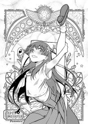 1girl art_nouveau cowboy_shot flexible greyscale leg_lift loeafers looking_at_viewer monochrome navel neckerchief niea panties pleated_skirt sailor_collar sakugawa_school_uniform saten_ruiko school_uniform serafuku skirt socks solo split standing standing_on_one_leg standing_split star_(symbol) toaru_kagaku_no_railgun toaru_majutsu_no_index underwear