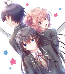 1boy 2girls absurdres ahoge black_hair black_jacket blazer blue_eyes brown_cardigan cardigan closed_mouth collared_shirt commentary dutch_angle hair_bun highres hikigaya_hachiman jacket long_hair looking_at_viewer multiple_girls neck_ribbon nyaa_(nnekoron) open_mouth orange_eyes orange_hair red_ribbon ribbon school_uniform shirt short_hair smile sobu_high_school_uniform teeth upper_body upper_teeth_only white_background white_shirt yahari_ore_no_seishun_lovecome_wa_machigatteiru. yuigahama_yui yukinoshita_yukino
