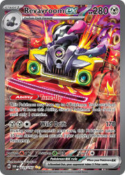 artist_name card_(medium) character_name company_name copyright_name copyright_notice dust english_text fire flag gunjima_souichirou motor_vehicle nintendo no_humans official_art one-eyed pokemon pokemon_(creature) pokemon_card pokemon_focus pokemon_tcg revavroom solo team_star third-party_source tongue tongue_out trading_card varoom