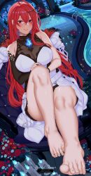 1girl absurdres ahoge bare_shoulders barefoot blue_fire blue_hair blush breasts candle cityscape colored_inner_hair detached_sleeves dress elizabeth_rose_bloodflame elizabeth_rose_bloodflame_(1st_costume) feet fire floor_tiles foot_focus foreshortening hair_between_eyes hanada_yanochi highres hololive hololive_english huge_ahoge large_breasts long_hair looking_at_viewer multicolored_hair night patreon_username pool red_eyes red_hair red_nails single_detached_sleeve twitter_username very_long_hair virtual_youtuber white_dress
