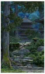 Rule 34 | absurdres, architecture, border, commentary request, day, east asian architecture, forest, highres, moss, nature, no humans, original, outdoors, pagoda, scenery, shrine, stairs, tenca arts, tree, white border