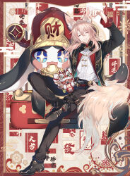 +_+ 1boy 1other absurdres animal_ear_fluff animal_ears aqueasirius arm_up belt black_belt black_jacket black_pants black_shoes black_socks blue_eyes border bowl buttons chinese_clothes chinese_commentary closed_eyes commentary_request creature diamond_button egasumi fingernails flower food fox_boy fox_ears fox_tail full_body gold_trim hair_between_eyes hair_ornament hairclip hat highres holding holding_bowl honkai:_star_rail honkai_(series) jacket jiaoqiu_(honkai:_star_rail) lapels long_hair long_sleeves looking_at_viewer mandarin_collar open_clothes open_jacket orange_flower outside_border pants pink_hair pom-pom_(honkai:_star_rail) rabbit_ears red_border red_hat shirt shoes sidelocks sitting smile socks star_ornament steamed_bun suit_jacket tail tangzhuang teeth waves white_background white_shirt