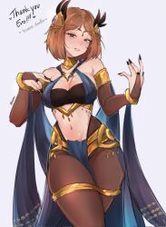 1girl alternate_costume blue_eyes borrowed_character breasts brown_bridal_gauntlets brown_hair brown_pantyhose cleavage commentary commission commissioner_name cosplay dancer dorothea_arnault dorothea_arnault_(plegian) dorothea_arnault_(plegian)_(cosplay) english_commentary female_kiran_(fire_emblem) fire_emblem fire_emblem_heroes highres kiran_(fire_emblem) large_breasts navel nintendo pantyhose parted_bangs parted_lips serafineart1001 short_hair sideboob simple_background sketch skindentation smile stomach thank_you white_background