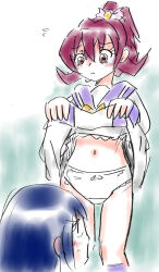 Rule 34 | 2girls, aida mana, blue hair, blue socks, blush, bow, bow panties, bowtie, clothes lift, crotch seam, dokidoki! precure, dress, dress lift, embarrassed, flying sweatdrops, hair bow, hishikawa rikka, kneehighs, lace, lace-trimmed panties, lace trim, long hair, long sleeves, looking at another, looking at panties, looking down, looking up, multiple girls, navel, panties, pink bow, pink eyes, pink hair, ponytail, precure, presenting, school uniform, short hair, socks, standing, su (pixiv 263717), underwear, white bow, white dress, white panties, yellow bow, yellow bowtie, yuri