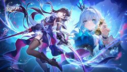 Rule 34 | 2girls, absurdres, air bubble, asymmetrical gloves, black hair, black thighhighs, blue dress, blue eyes, blue fire, blue hair, blunt bangs, bubble, cerydra (honkai: star rail), chess piece, colored inner hair, copyright logo, coral, crown, dress, earrings, fire, fish, gloves, hair ornament, highres, holding, holding chess piece, holding sword, holding weapon, honkai: star rail, honkai (series), hysilens (honkai: star rail), jewelry, long hair, long sleeves, looking at viewer, mini crown, mismatched gloves, multicolored hair, multiple girls, official art, parted lips, purple eyes, ring, sword, teeth, thighhighs, third-party source, weapon