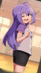 Rule 34 | 1girl, :d, ahoge, aqua eyes, arm at side, black buruma, breasts, buruma, clenched hand, cowboy shot, dutch angle, from side, gym, hair between eyes, hand up, idolmaster, idolmaster million live!, idolmaster million live! theater days, indoors, long hair, looking at viewer, looking to the side, mochizuki anna, one eye closed, open mouth, purple hair, sanami (sanami t 38), shirt, short sleeves, small breasts, smile, solo, sportswear, standing, sweat, t-shirt, teeth, upper teeth only, white shirt