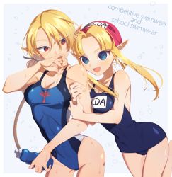 2girls blonde_hair blue_eyes breasts competition_swimsuit elf hair_between_eyes hug long_hair looking_at_viewer medium_breasts miri_(cherryjelly) multiple_girls nintendo one-piece_swimsuit pointy_ears ponytail princess_zelda red_eyes sheik sheikah smile super_smash_bros. sweat swimsuit the_legend_of_zelda the_legend_of_zelda:_a_link_between_worlds the_legend_of_zelda:_ocarina_of_time water wet